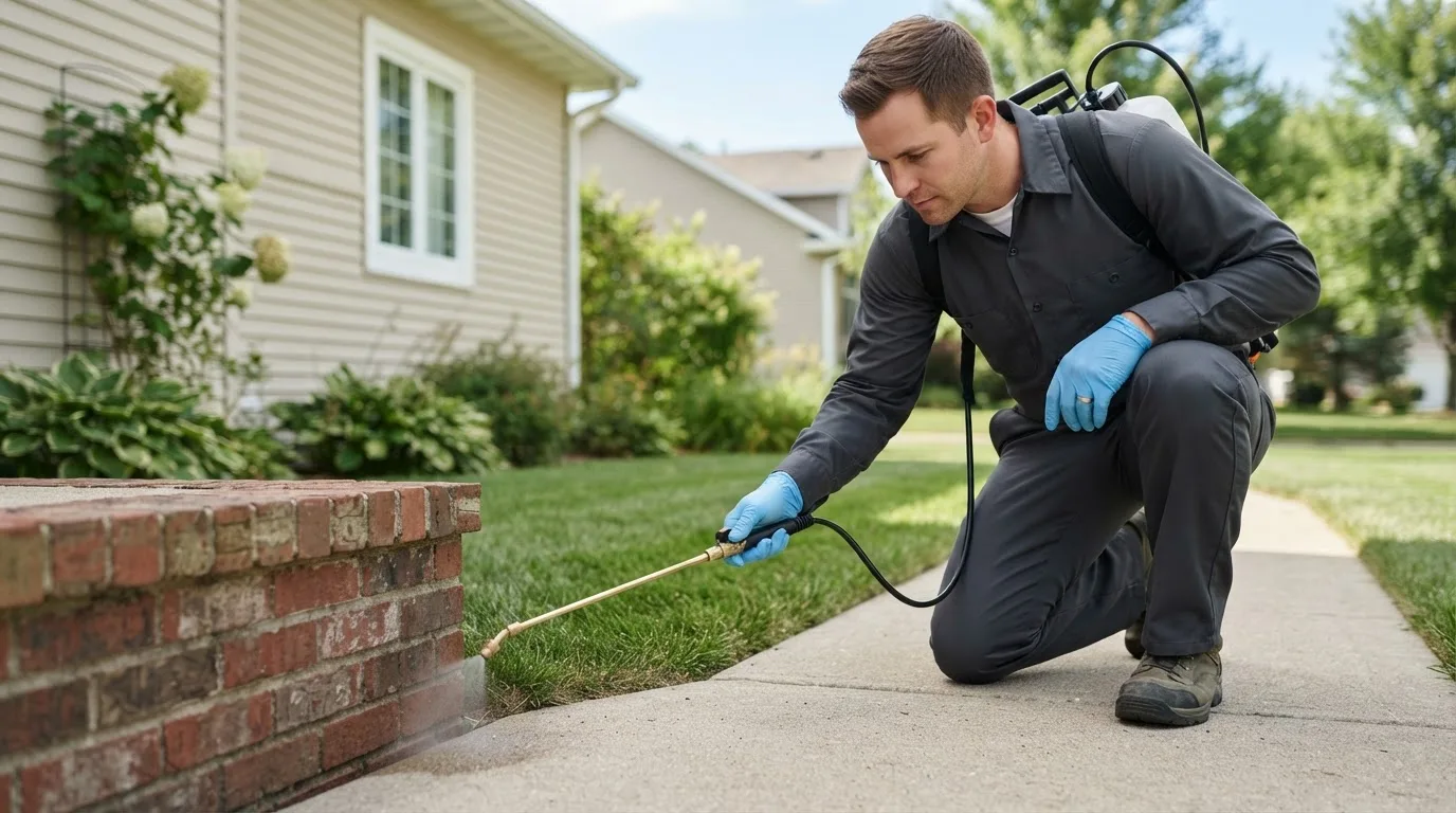 Pest control technician treating a home near South Berwick, ME